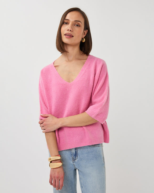 EsQualo Oversized V-Neck Sweater - Rose