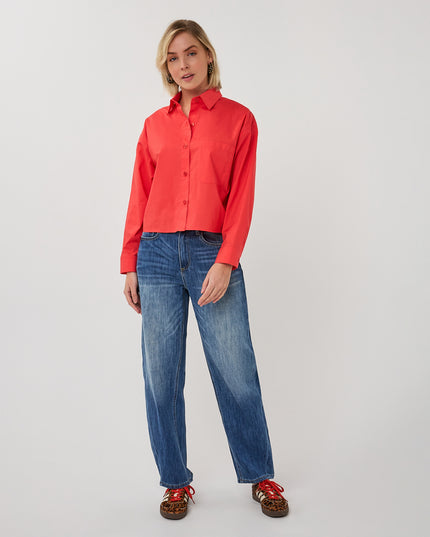 EsQualo Crop Folded Cuff Blouse - Chilli Red