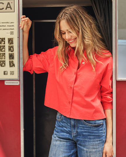 EsQualo Crop Folded Cuff Blouse - Chilli Red