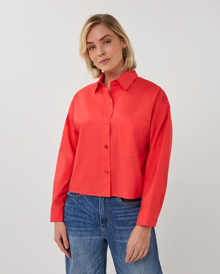 EsQualo Crop Folded Cuff Blouse - Chilli Red