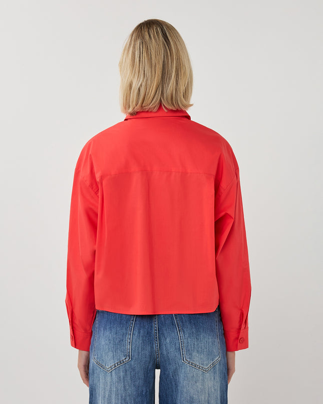 EsQualo Crop Folded Cuff Blouse - Chilli Red