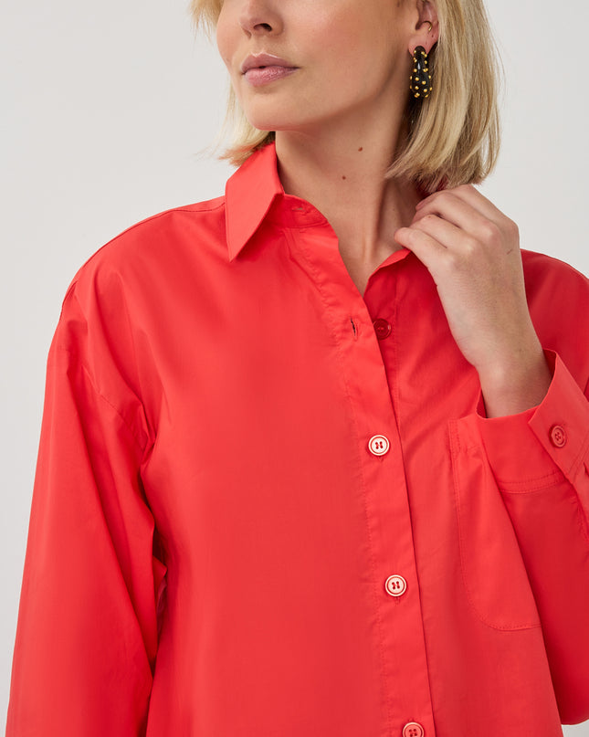EsQualo Crop Folded Cuff Blouse - Chilli Red