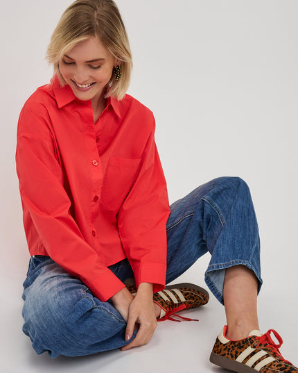 EsQualo Crop Folded Cuff Blouse - Chilli Red