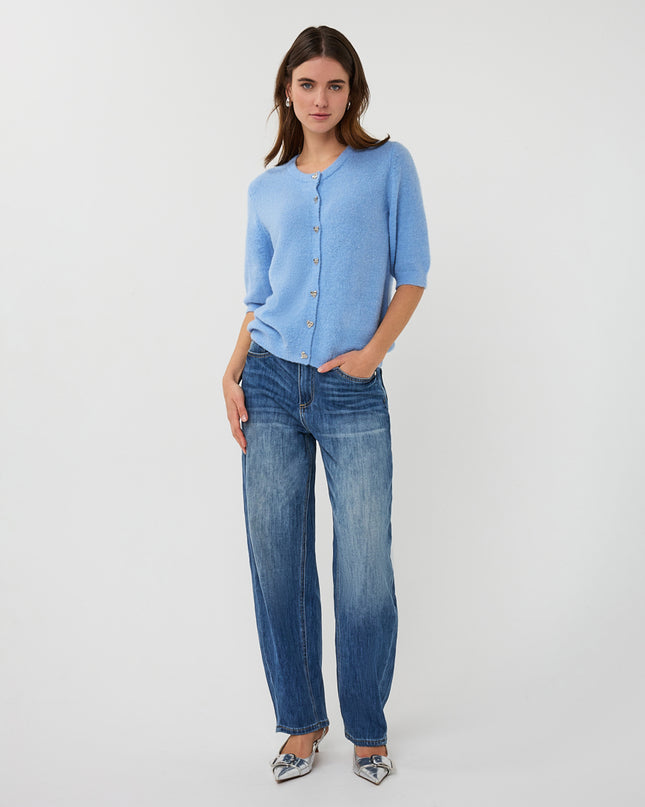 EsQualo Short Sleeve Buttoned Cardigan - Pacific Blue