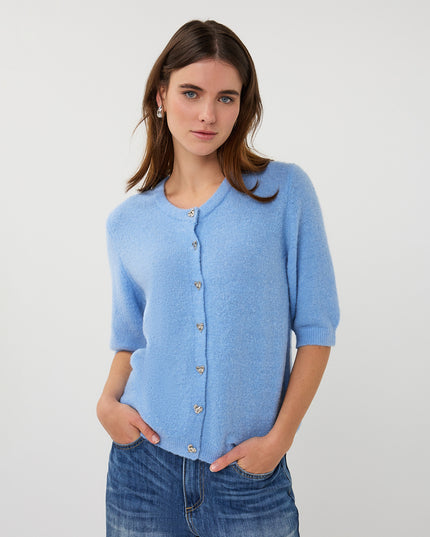 EsQualo Short Sleeve Buttoned Cardigan - Pacific Blue