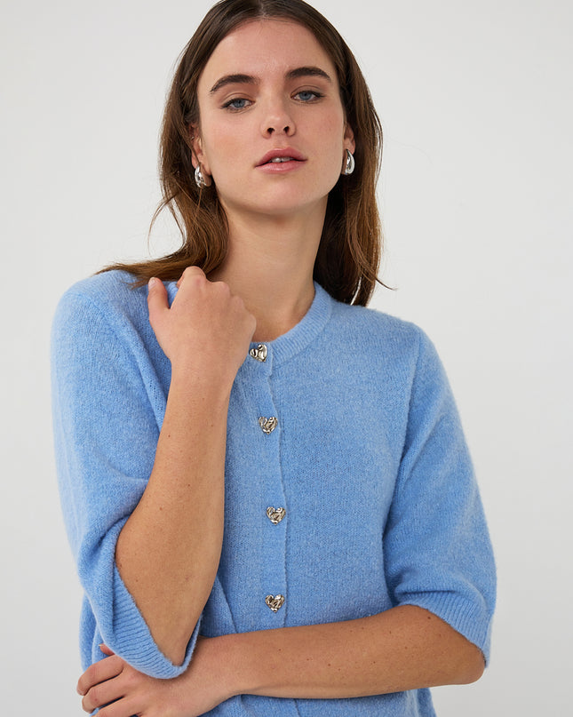 EsQualo Short Sleeve Buttoned Cardigan - Pacific Blue
