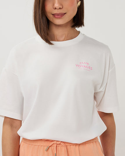 EsQualo Oversized 'Voyages' T-Shirt - Off White/Rose