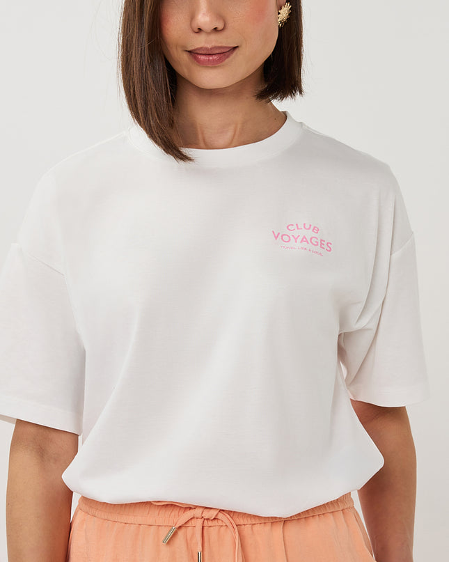 EsQualo Oversized 'Voyages' T-Shirt - Off White/Rose