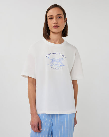 EsQualo Oversized 'Animal' T-Shirt - Off White/Blue