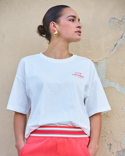 EsQualo Oversized 'Voyages' T-Shirt - Off White/Red