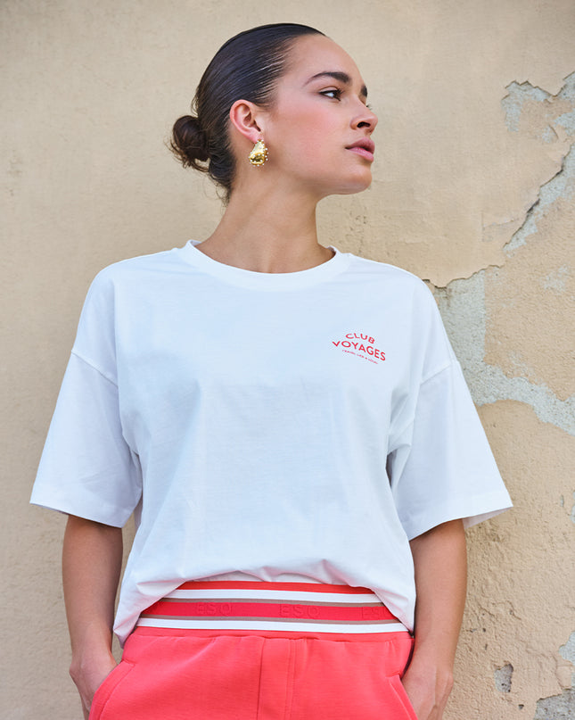 EsQualo Oversized 'Voyages' T-Shirt - Off White/Red