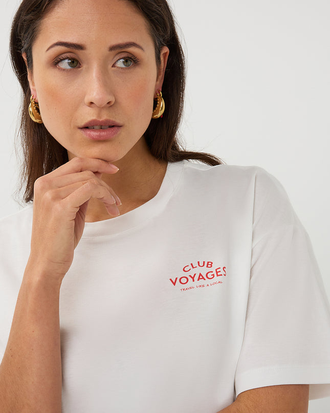 EsQualo Oversized 'Voyages' T-Shirt - Off White/Red