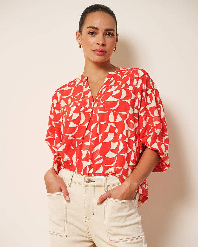 EsQualo Raglan Scarlet Blouse - Geometric Print