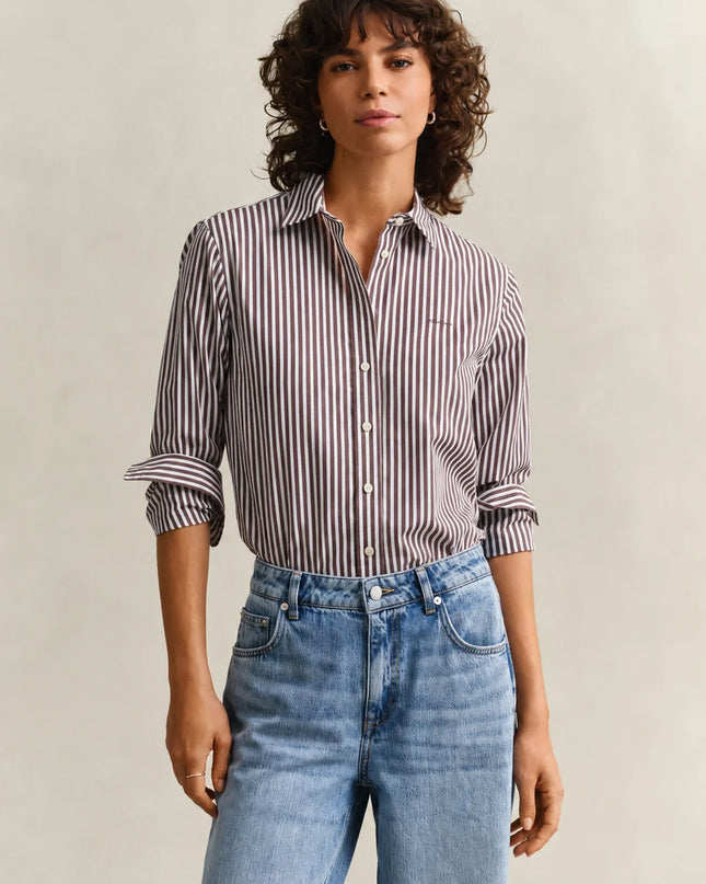 Regular Fit Striped Classic Poplin Shirt - Deep Brown
