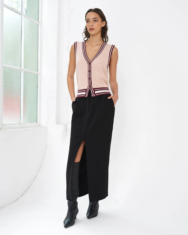Junie Knit Button Through Vest - Berry Red/Powder Pink