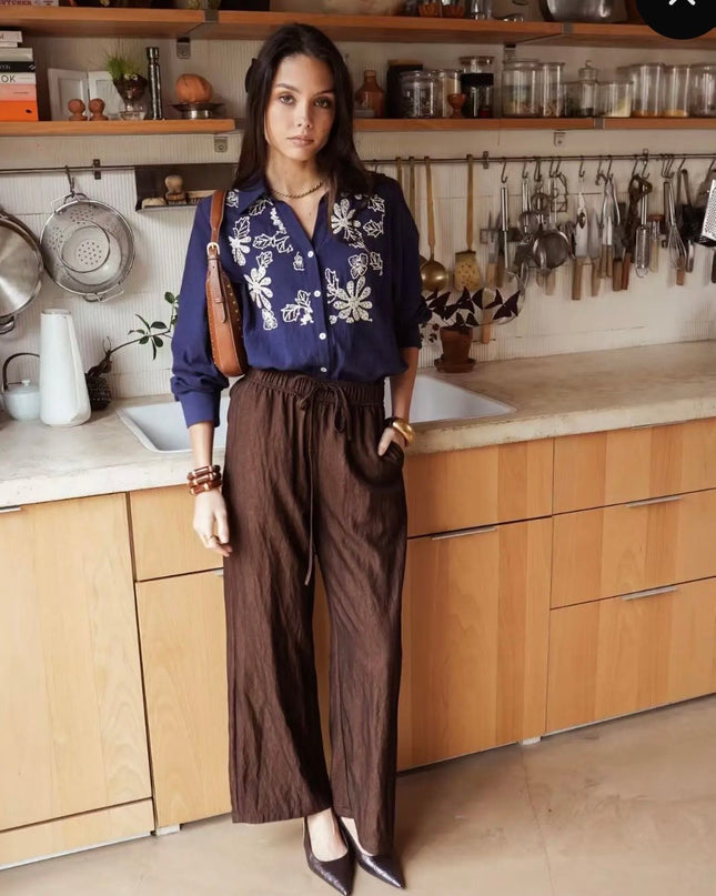 Anna Wide Leg Elegant Linen Blend Trouser - Light Maroon