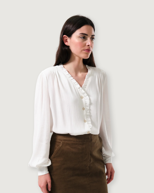 Alegra Moss Crepe Frill V-Neck Blouse - Ecru