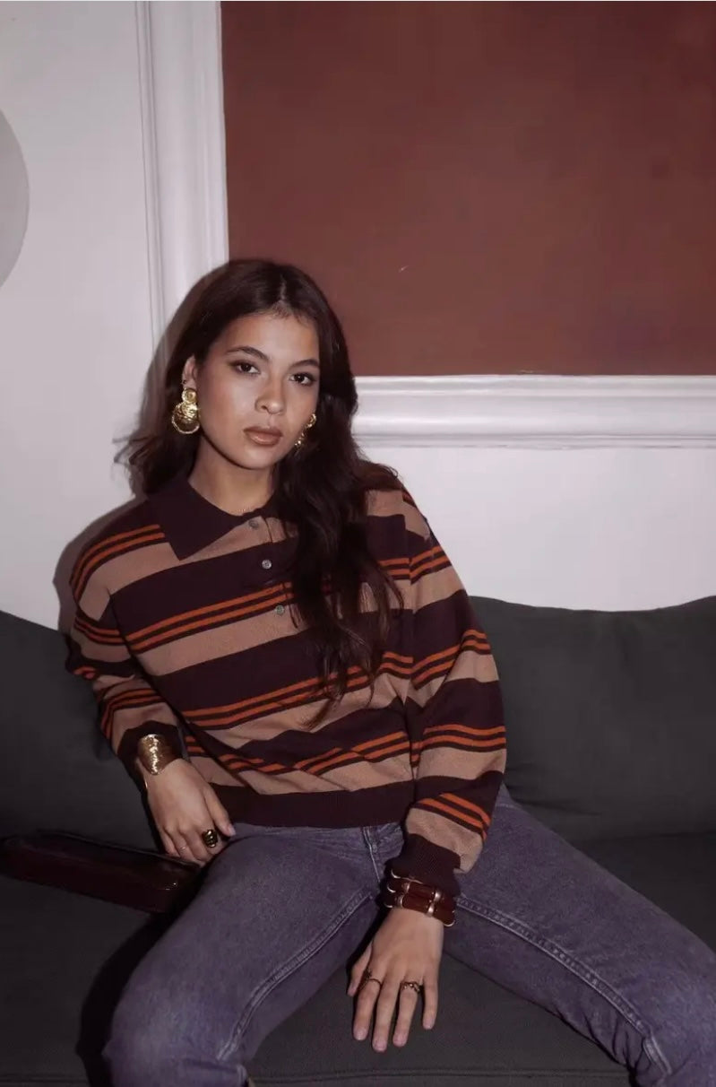 Niamh Knit Rugby Polo - Camel Stripe