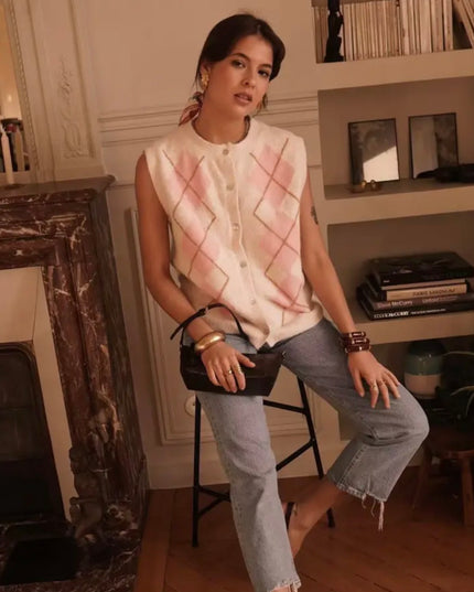 Sára Knit Argyle Vest - Cream