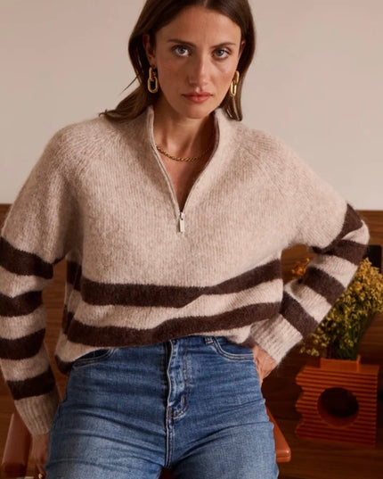 Mia Half Zip Sweater with Contrasting Stripes - Taupe/Brown