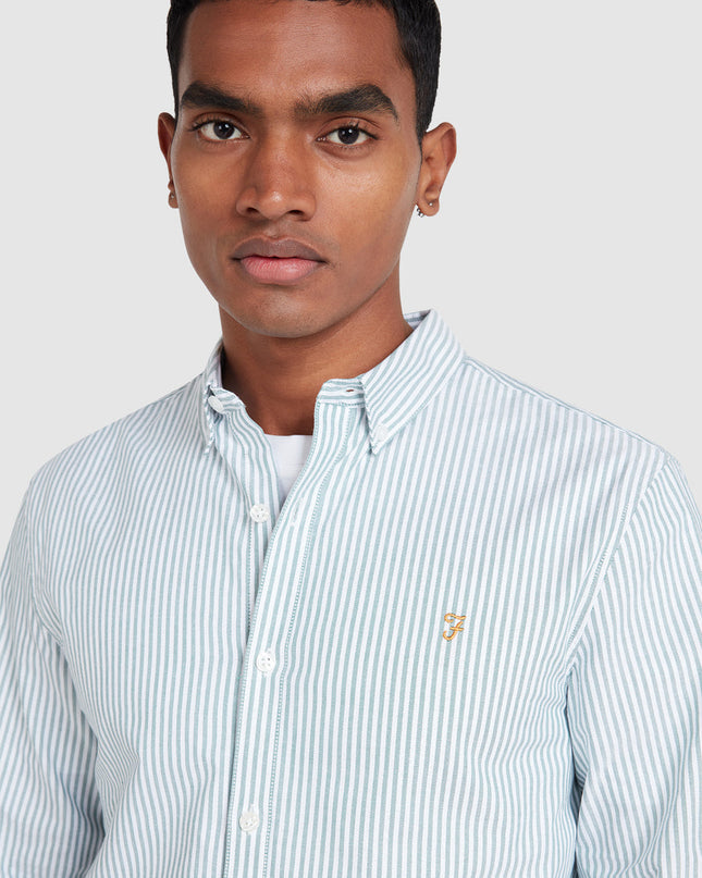 Slim Fit Striped Organic Cotton Oxford Shirt In Green Meadow
