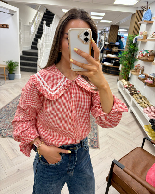 Mia Scalloped Peter Pan Collar Blouse - Red Gingham