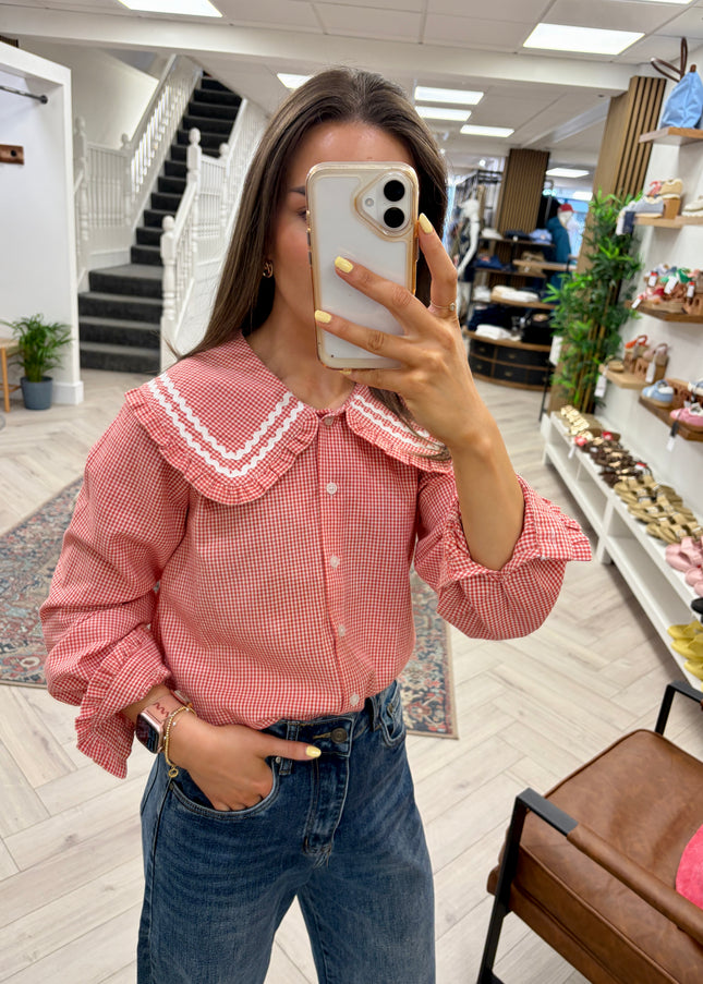 Mia Scalloped Peter Pan Collar Blouse - Red Gingham