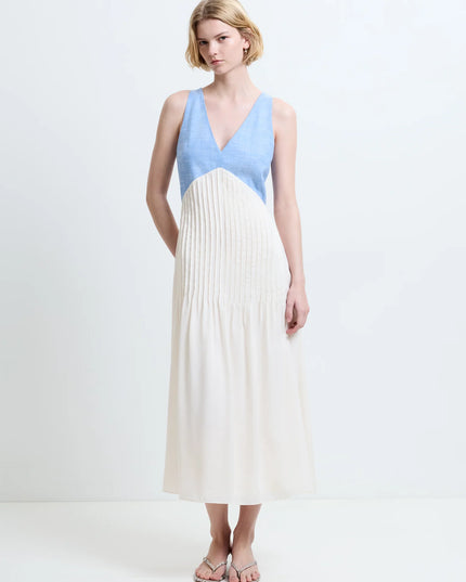 Colby Chambray Pleat Mix Dress - Porcelain