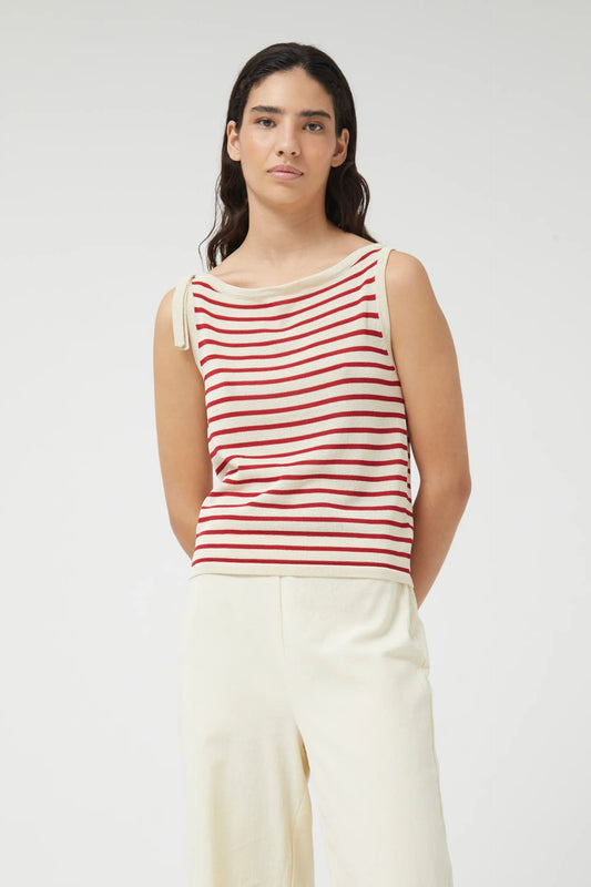 Red/Cream Knitted Stripe Vest Top with Bow Detail