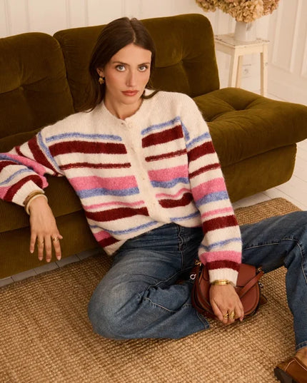 Dana Multi Stripe Knit Cardigan - Burgundy / Cream
