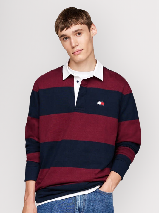 Tommy Jeans Mens Stripe Badge Rugby Polo - Deep Rouge/Navy