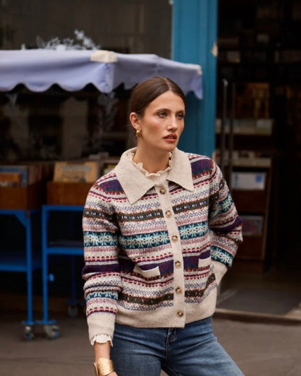 Susannah Jaquard Knit Polo Collared Cardigan - Beige