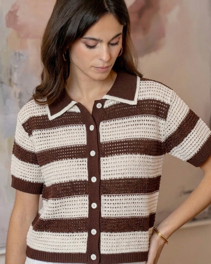 Mylá Crochet Rugby Polo - Brown/Cream
