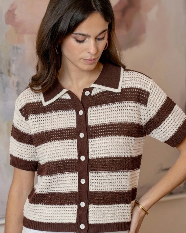 Mylá Crochet Rugby Polo - Brown/Cream