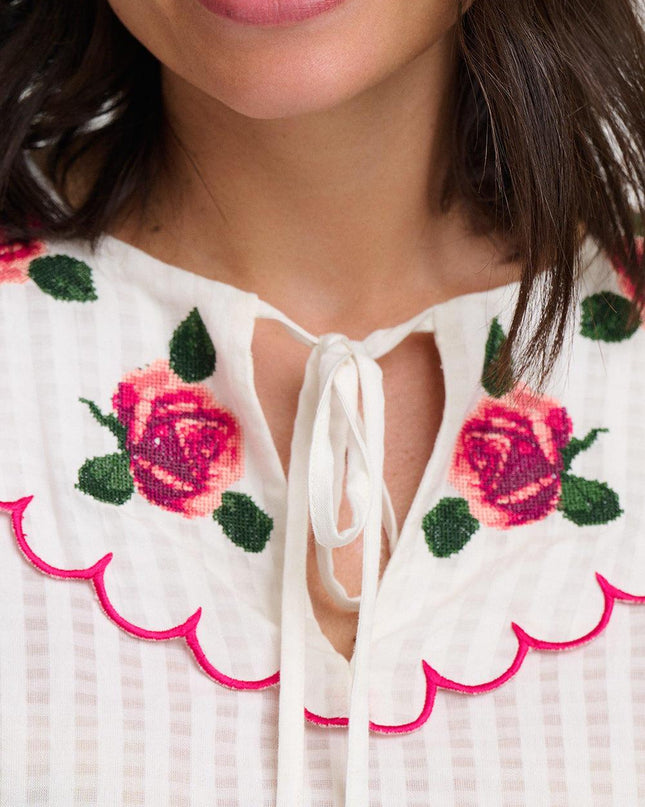 Nessy Scallop Collar Blouse - Off White, Blooming Roses