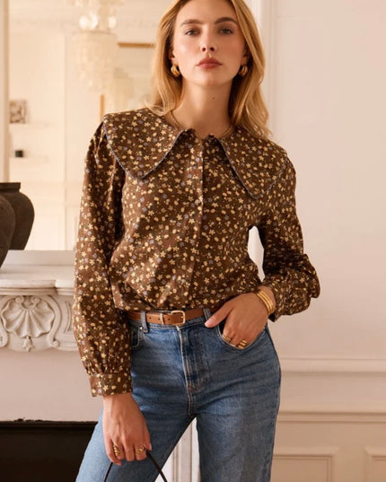 Georgia Floral Blouse with Peter Pan Collar - Brown