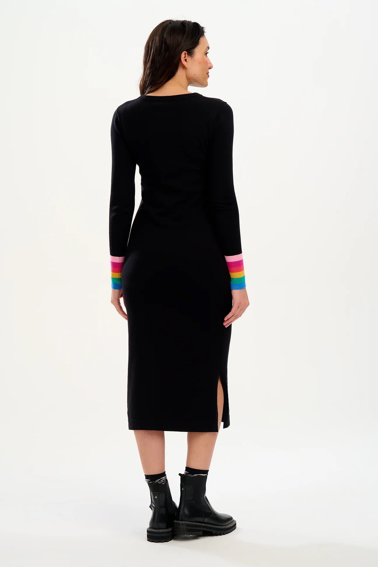 Sugarhill Brighton - Liselle Midi Knit Dress - Black, Rainbow Stripe Cuffs