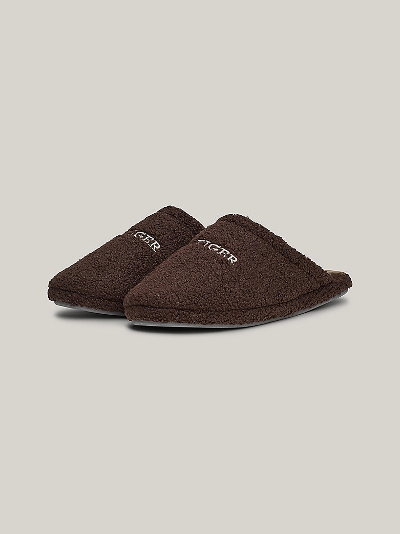 Tommy Hilfiger Fleece Logo Embroidery Slippers - Dark Coffee