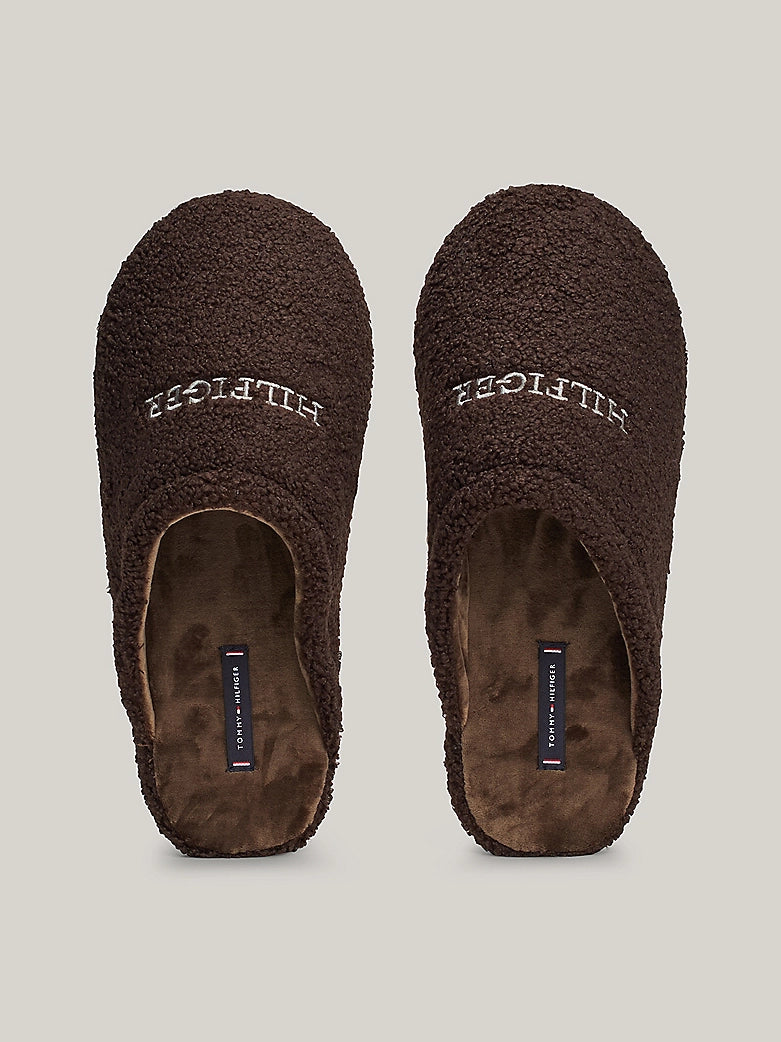 Tommy Hilfiger Fleece Logo Embroidery Slippers - Dark Coffee