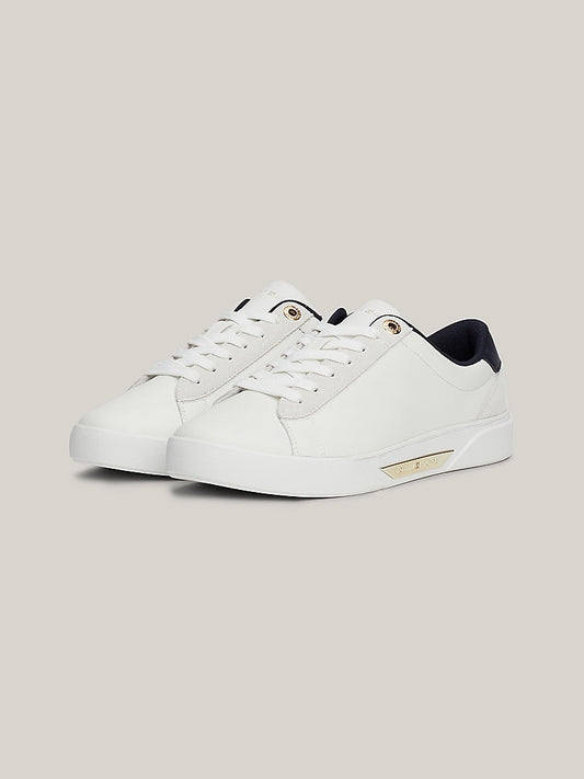 Tommy Hilfiger Metal Hardware Leather Court Trainers - Ecru