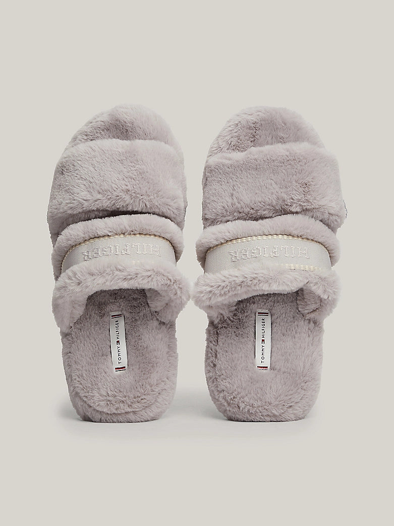 Tommy Hilfiger - Faux Fur Logo Slippers - Grey Whisper