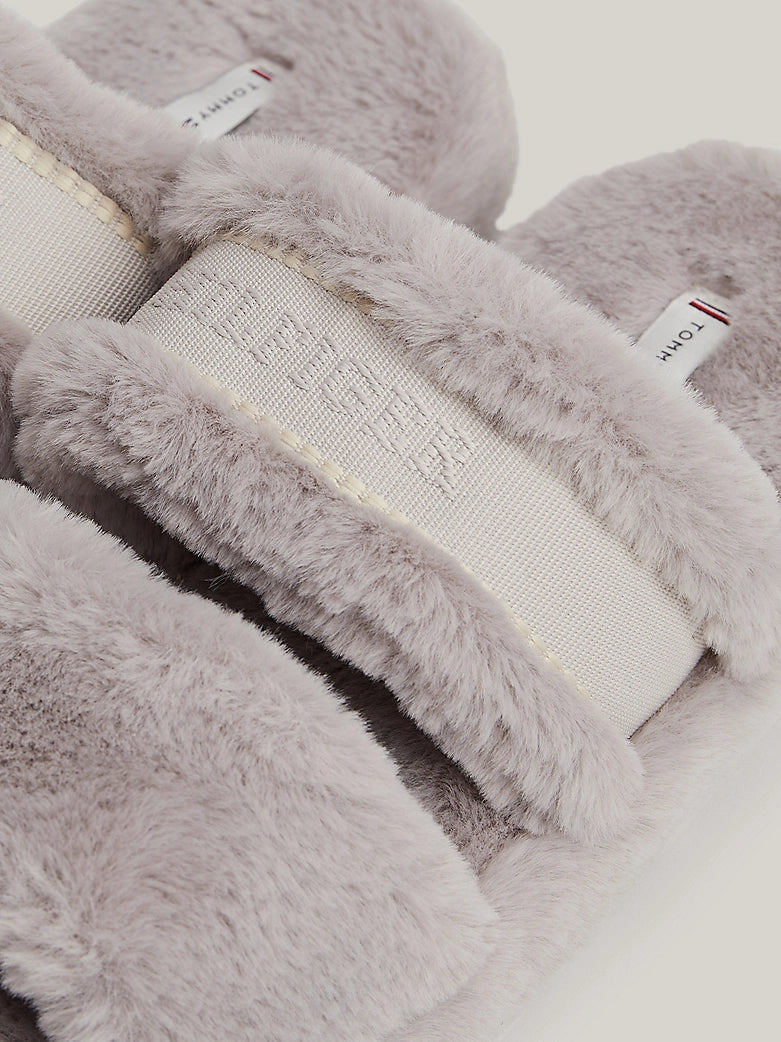 Tommy Hilfiger - Faux Fur Logo Slippers - Grey Whisper