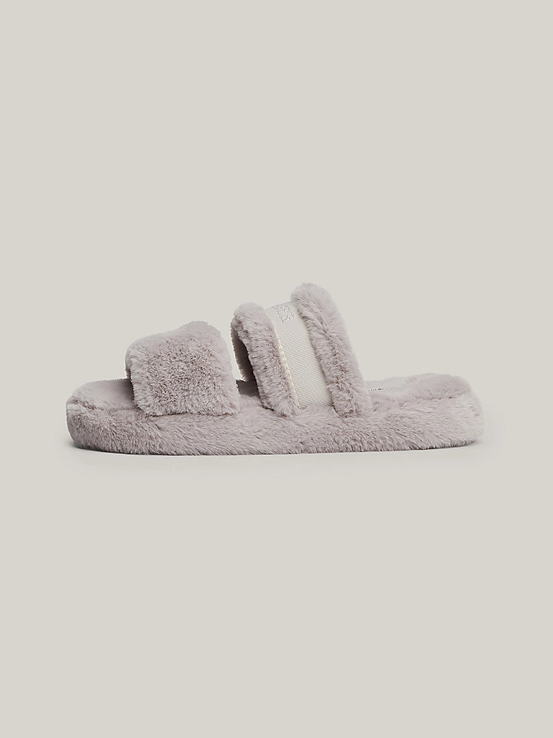 Tommy Hilfiger - Faux Fur Logo Slippers - Grey Whisper