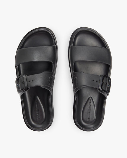 Double Strap Enamel Flag Lightweight Sandals - Black