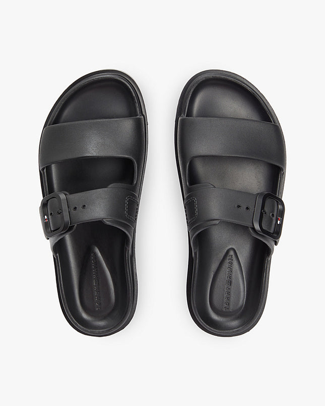 Double Strap Enamel Flag Lightweight Sandals - Black