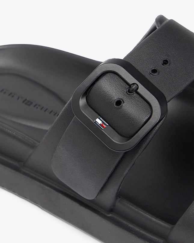 Double Strap Enamel Flag Lightweight Sandals - Black