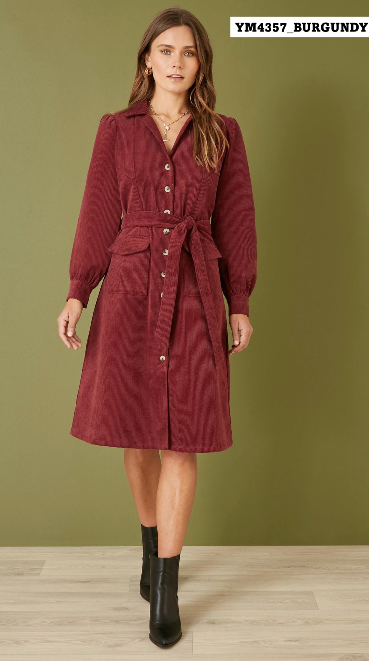 Yumi - Needle Cord V-Neck Dress - Burgundy