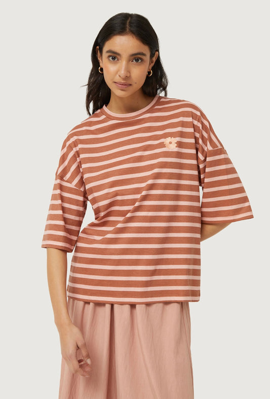 Compañia Fantastica - Oversized Flower Stripe Tee - Pink/Brown