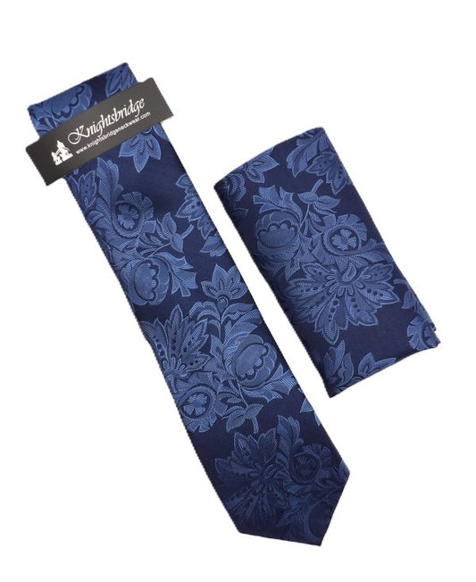 Blue Floral Silk Tie & Pocket Square