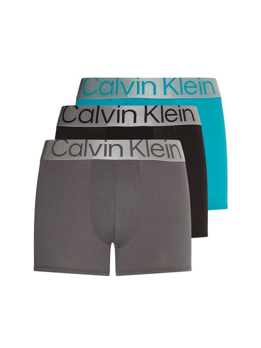 Calvin Klein Reconsidered Steel 3 Pack Cotton Stretch Boxer Set - Black/Grey Sky/Island Turquoise